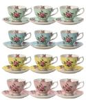 BTaT- Floral Tea Cups and Saucers, Set of 12, 8 oz, Fine Porcelain Teacup Set with Gold Trim for Afternoon Tea, Weddings, Parties & Gifting, Dishwasher Safe, Lightweight, Non-Toxic