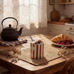 Ferrochef 1 Pack Ceramic Coffee Mug with Sip Hole Espresso Cup 10oz with Straws Retro Hand Painted Striped Porcelain Coffee Tea Cup Cappuccino Latte Mug for Kitchen Dining Travel (Brown)