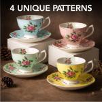 BTaT- Floral Tea Cups and Saucers, Set of 12, 8 oz, Fine Porcelain Teacup Set with Gold Trim for Afternoon Tea, Weddings, Parties & Gifting, Dishwasher Safe, Lightweight, Non-Toxic