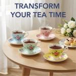 BTaT- Floral Tea Cups and Saucers, Set of 12, 8 oz, Fine Porcelain Teacup Set with Gold Trim for Afternoon Tea, Weddings, Parties & Gifting, Dishwasher Safe, Lightweight, Non-Toxic