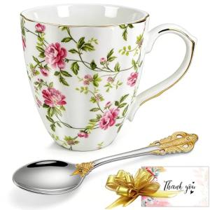 Fine Bone China Mugs,Tea Cup,Porcelain Coffee Cup,with Artistic patterns,Gold Trim,Pretty Floral Vintage,Large Ceramic with Handle,Spoon,Gift Box For Women Men,Boyfriend,Drink Milk (Blooming warmly)