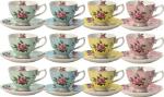 BTaT- Floral Tea Cups and Saucers, Set of 12, 8 oz, Fine Porcelain Teacup Set with Gold Trim for Afternoon Tea, Weddings, Parties & Gifting, Dishwasher Safe, Lightweight, Non-Toxic