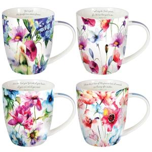 Christian Art Gifts Ceramic Coffee or Tea Mug Set for Women, Seeds of Love Garden Blooms Design Bible Verse Mug Set, Boxed Set of 4 Coffee Cups