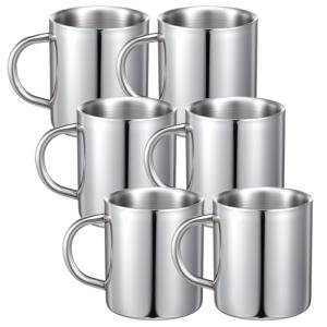 DOPENSPI 6 Pcs Stainless Steel Coffee Mugs with Handle, 10oz Double Walled Stainless Steel Camping Metal Mug Portable Durable Easy to Clean for Car, Travel, Office, Camping and Cafes