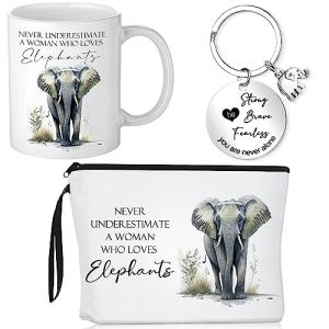 Inbagi 3 Pcs Elephant Gifts for Women Cosmetic Bag Coffee Mug with Keychain for Elephant Lovers Birthday Christmas