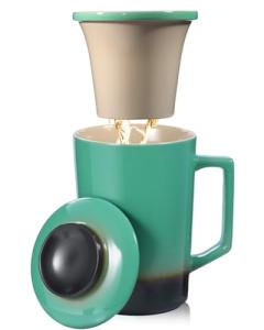 Foinly 15 oz Ceramic Tea Infuser Cup with Lid - Tea Mug with All Porcelain Strainer for Loose Leaf Teas,Microwave and Dishwasher Safe,Metal-Free,BPA-Free for Tea Lovers/Mother's Day(Green)