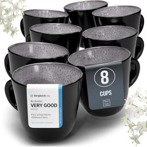 PURE LIVING INTERIOR DESIGN Stoneware coffee mugs set 8 pcs – 14.5 oz dark gray ceramic cups – Dishwasher and microwave safe – Modern stylish coffee cup set – Dinner service