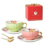 Porcelain Tea Cup with Saucers and Spoon, 2 Sets of 8 Oz Floral Coffee Mug with Gold Trim Holder, Royal Ceramic Teacup Set, Espresso Latte Mugs for Wedding Birthday Table Supplies (Pink + Apple Green)