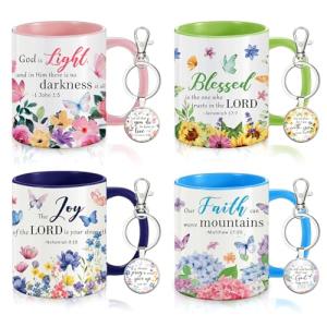 Ziliny 4 Sets Christian Gifts 11oz Ceramic Coffee Mugs for Women with Bible Verse Keychains Christian Tea Cups Set Inspirational Appreciation Bulk Christmas Gifts, Watercolor Flowers Design(Bright)