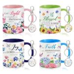 Ziliny 4 Sets Christian Gifts 11oz Ceramic Coffee Mugs for Women with Bible Verse Keychains Christian Tea Cups Set Inspirational Appreciation Bulk Christmas Gifts, Watercolor Flowers Design(Bright)