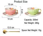 Porcelain Tea Cup with Saucers and Spoon, 2 Sets of 8 Oz Floral Coffee Mug with Gold Trim Holder, Royal Ceramic Teacup Set, Espresso Latte Mugs for Wedding Birthday Table Supplies (Pink + Apple Green)