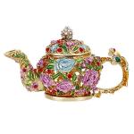 Vie jeune Hand Painted Trinket Box for Home Decor, Hinged Enameled Jewelry Box for Ring Earrings Jewelry Organizer, Unique Vintage Bejeweled Storage Figurine Collectible Keepsake (Teapot)