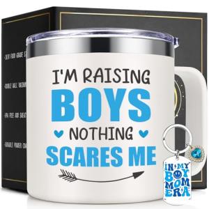Lifecapido Boy Mom Gifts, Boy Mom Mothers Day Gift, I Am Raising Boys Nothing Scares Me 14oz Insulated Coffee Mug with Keychain, Mothers Day Gifts for Boys Moms, White