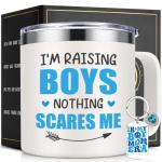Lifecapido Boy Mom Gifts, Boy Mom Mothers Day Gift, I Am Raising Boys Nothing Scares Me 14oz Insulated Coffee Mug with Keychain, Mothers Day Gifts for Boys Moms, White