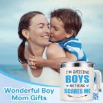 Lifecapido Boy Mom Gifts, Boy Mom Mothers Day Gift, I Am Raising Boys Nothing Scares Me 14oz Insulated Coffee Mug with Keychain, Mothers Day Gifts for Boys Moms, White