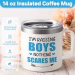 Lifecapido Boy Mom Gifts, Boy Mom Mothers Day Gift, I Am Raising Boys Nothing Scares Me 14oz Insulated Coffee Mug with Keychain, Mothers Day Gifts for Boys Moms, White