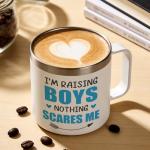 Lifecapido Boy Mom Gifts, Boy Mom Mothers Day Gift, I Am Raising Boys Nothing Scares Me 14oz Insulated Coffee Mug with Keychain, Mothers Day Gifts for Boys Moms, White