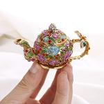 Vie jeune Hand Painted Trinket Box for Home Decor, Hinged Enameled Jewelry Box for Ring Earrings Jewelry Organizer, Unique Vintage Bejeweled Storage Figurine Collectible Keepsake (Teapot)