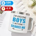 Lifecapido Boy Mom Gifts, Boy Mom Mothers Day Gift, I Am Raising Boys Nothing Scares Me 14oz Insulated Coffee Mug with Keychain, Mothers Day Gifts for Boys Moms, White