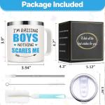 Lifecapido Boy Mom Gifts, Boy Mom Mothers Day Gift, I Am Raising Boys Nothing Scares Me 14oz Insulated Coffee Mug with Keychain, Mothers Day Gifts for Boys Moms, White