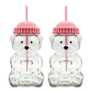 Krewchton （2 glasses） Bear Cup Bear Straw Cup, Cute Bears Glass Cup with Straw, 500ml Reusable Glass Tumbler with Lid for Iced Coffee, Milk Tea, and Cocktails, Dishwasher Safe (pink(2 glasses))