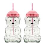 Krewchton （2 glasses） Bear Cup Bear Straw Cup, Cute Bears Glass Cup with Straw, 500ml Reusable Glass Tumbler with Lid for Iced Coffee, Milk Tea, and Cocktails, Dishwasher Safe (pink(2 glasses))