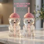 Krewchton （2 glasses） Bear Cup Bear Straw Cup, Cute Bears Glass Cup with Straw, 500ml Reusable Glass Tumbler with Lid for Iced Coffee, Milk Tea, and Cocktails, Dishwasher Safe (pink(2 glasses))