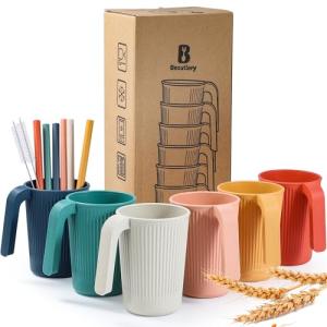 becutlery Wheat Straw Coffee Mugs 6-Pack– Unbreakable & Lightweight Cups, 12oz Stackable Cups with 6 Detachable Straws & 2 Cleaning Brushes (Colorful, 12, Fluid Ounces)