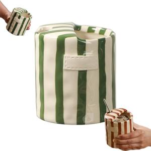 Novelty Coffee Mug Espresso Cups 10oz Ceramic Coffee Mugs Porcelain Coffee Cup Hand-Painted Striped Art With Sip Hole for Coffee Tea Heat-Resistant Non-Slip Mug(Green)