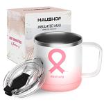 HAUSHOF Mug with Lid, 14 oz Insulated Coffee Mug with Handle for Best Mom, Birthday Christmas Gifts, Pink Ribbon
