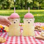 Krewchton （2 glasses） Bear Cup Bear Straw Cup, Cute Bears Glass Cup with Straw, 500ml Reusable Glass Tumbler with Lid for Iced Coffee, Milk Tea, and Cocktails, Dishwasher Safe (pink(2 glasses))