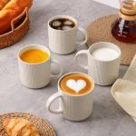 MONITO 16Oz Coffee Mugs Set of 4, Rustic Ceramic Coffee Cups Set with Large Handle, Vintage Striped Stoneware Coffee Mugs for Latte, Cocoa, Tea, Milk, Microwave & Dishwasher Safe, White