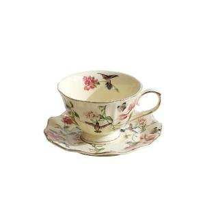 PICORLANE 8 oz Vintage flower Ceramic cup and 6" saucer set with Brand customized stainless steel spoon Gifts for Afternoon Tea Coffee Hour (G)