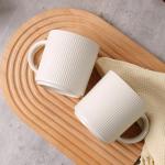 MONITO 16Oz Coffee Mugs Set of 4, Rustic Ceramic Coffee Cups Set with Large Handle, Vintage Striped Stoneware Coffee Mugs for Latte, Cocoa, Tea, Milk, Microwave & Dishwasher Safe, White