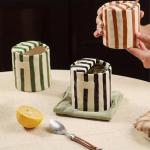 Novelty Coffee Mug Espresso Cups 10oz Ceramic Coffee Mugs Porcelain Coffee Cup Hand-Painted Striped Art With Sip Hole for Coffee Tea Heat-Resistant Non-Slip Mug(Green)