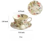 PICORLANE 8 oz Vintage flower Ceramic cup and 6" saucer set with Brand customized stainless steel spoon Gifts for Afternoon Tea Coffee Hour (G)