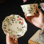 PICORLANE 8 oz Vintage flower Ceramic cup and 6" saucer set with Brand customized stainless steel spoon Gifts for Afternoon Tea Coffee Hour (G)