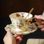 PICORLANE 8 oz Vintage flower Ceramic cup and 6" saucer set with Brand customized stainless steel spoon Gifts for Afternoon Tea Coffee Hour (G)