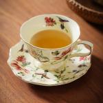 PICORLANE 8 oz Vintage flower Ceramic cup and 6" saucer set with Brand customized stainless steel spoon Gifts for Afternoon Tea Coffee Hour (G)