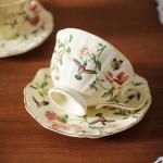 PICORLANE 8 oz Vintage flower Ceramic cup and 6" saucer set with Brand customized stainless steel spoon Gifts for Afternoon Tea Coffee Hour (G)