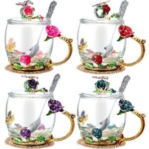 Floral Glass Tea Cups with Lids and Spoon