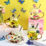 Floral Glass Tea Cups with Lids and Spoon