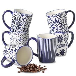 Elegant Blue Floral Ceramic Coffee Mugs Set of 6