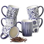 Elegant Blue Floral Ceramic Coffee Mugs Set of 6