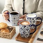Elegant Blue Floral Ceramic Coffee Mugs Set of 6