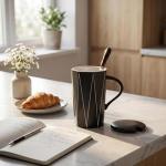 Khaki Geometric Mug with Lid and Spoon