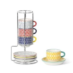 Colorful Stackable Espresso Cups with Saucers - Set of 4