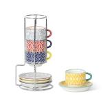 Colorful Stackable Espresso Cups with Saucers - Set of 4