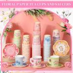 Nuogo 300Pcs Floral Paper Tea Cups and Saucers 7 OZ Disposable Tea Cup with Handle and Plates for Garden Party Supplies Wedding Birthday Baby Shower Bridal Mother's Day, Serve 150 Guest(Vibrant Color)