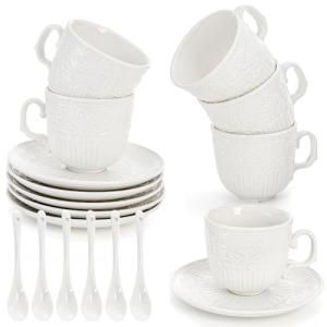 ZAVOOS Tea Cup and Saucer Set of 6, 6 Oz Vintage Porcelain Tea Cup with Spoon, Unique Embossed Floral Cappuccino Cups Sets for Latte, Cafe Mocha, Tea Party Decoration, Dishwasher Safe
